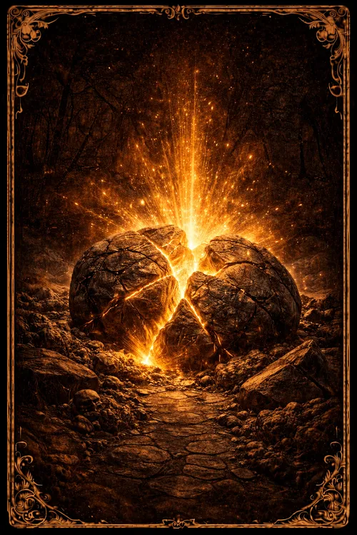 Lâmina do oráculo — pedras se partindo com luz dourada explodindo para cima