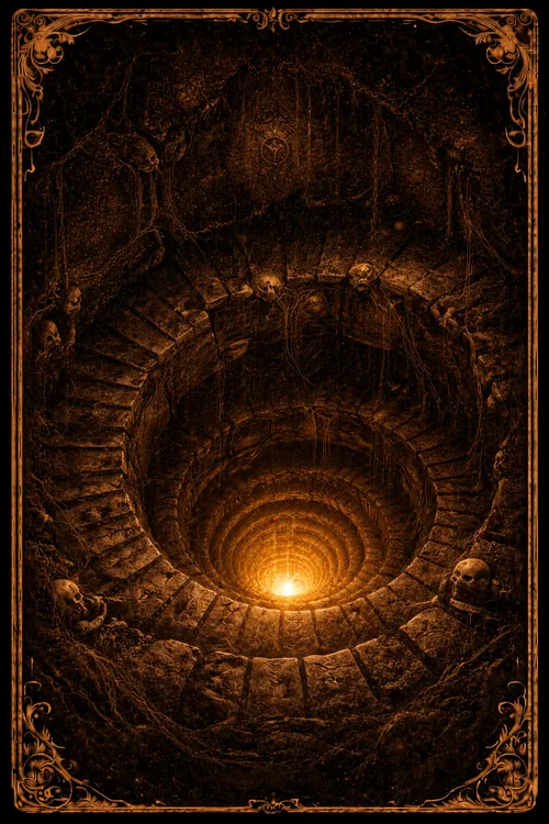 Lâmina do oráculo — espiral descendente para o submundo com luz dourada ao fundo